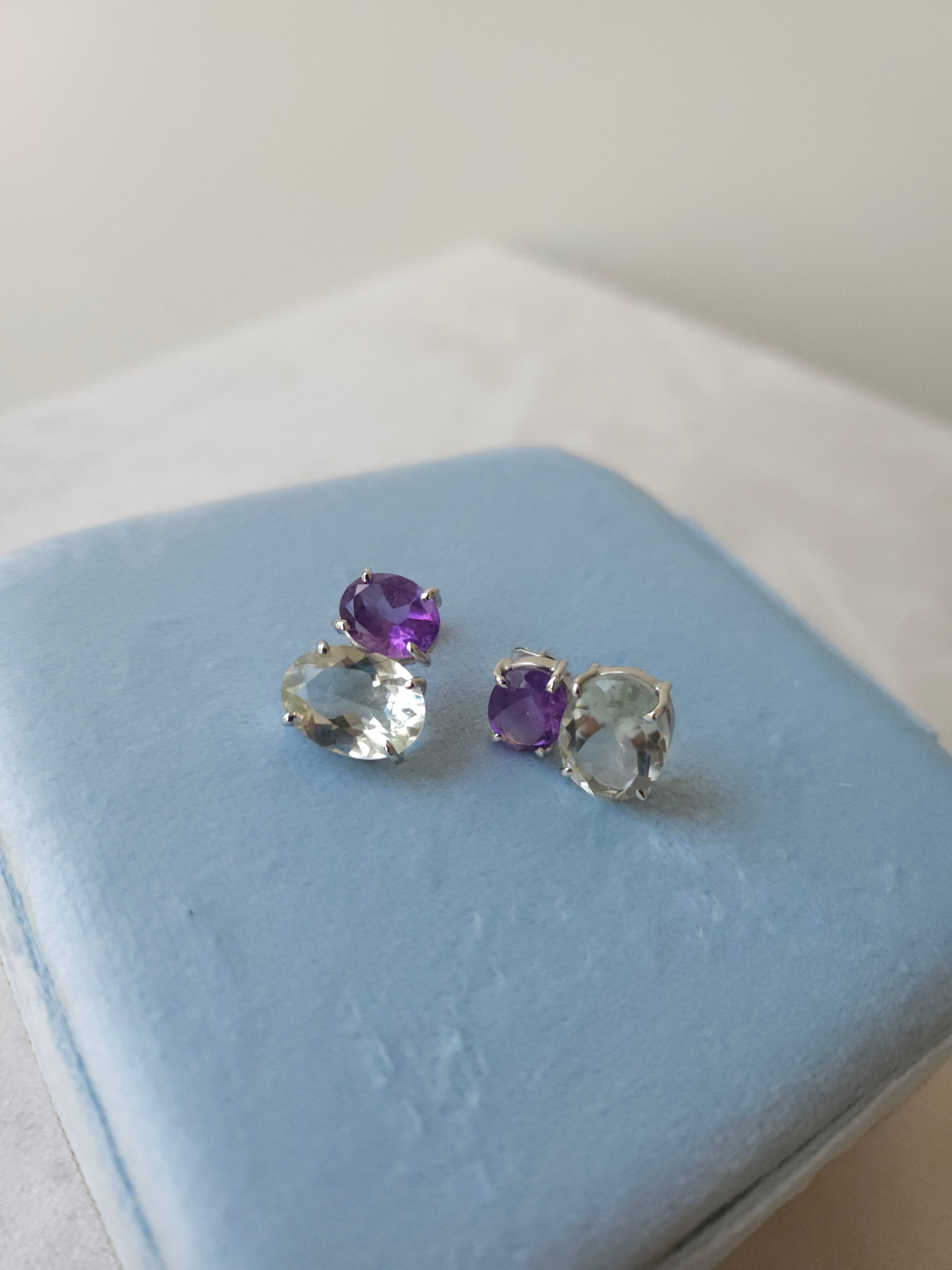 Aretes Nara con Amatista y Prasiolita con cubierta en Rodio