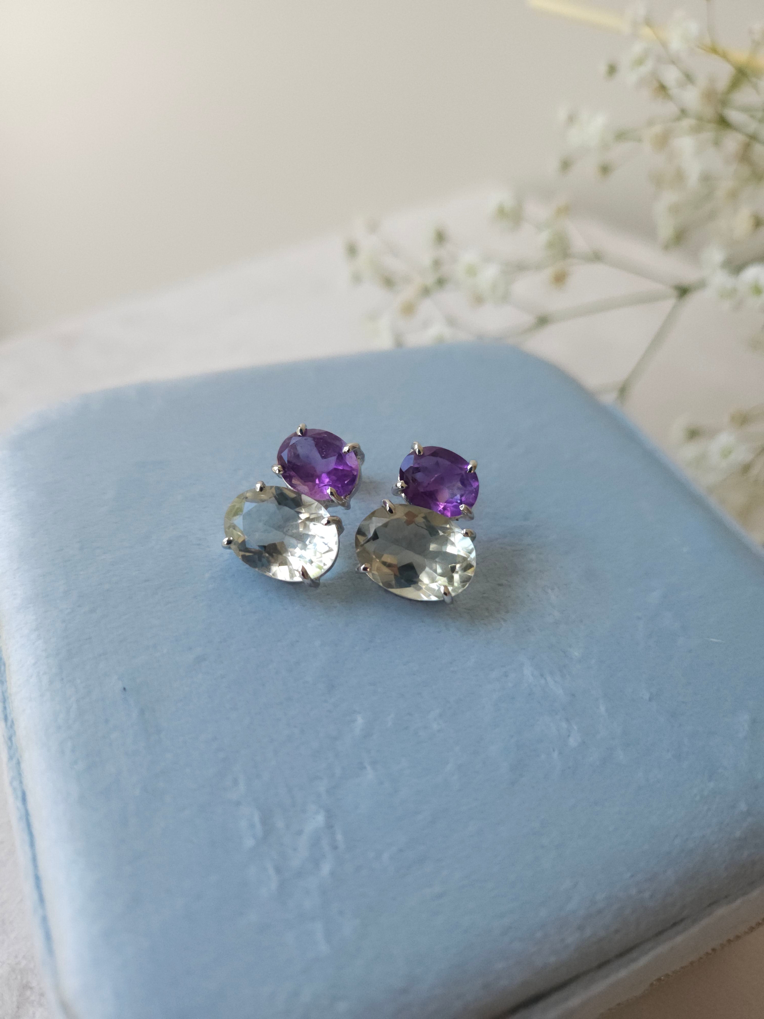 Aretes Nara con Amatista y Prasiolita con cubierta en Rodio