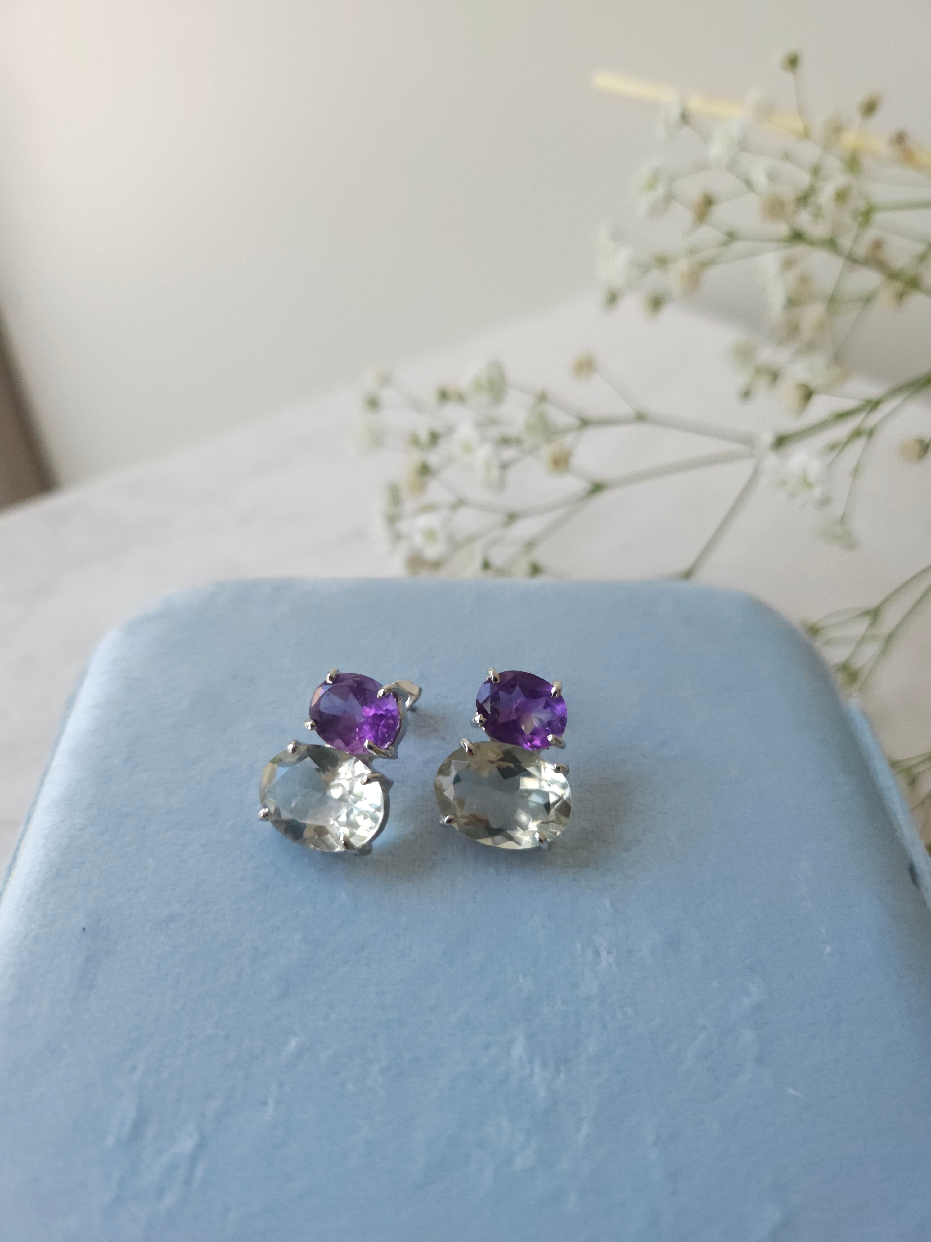 Aretes Nara con Amatista y Prasiolita con cubierta en Rodio