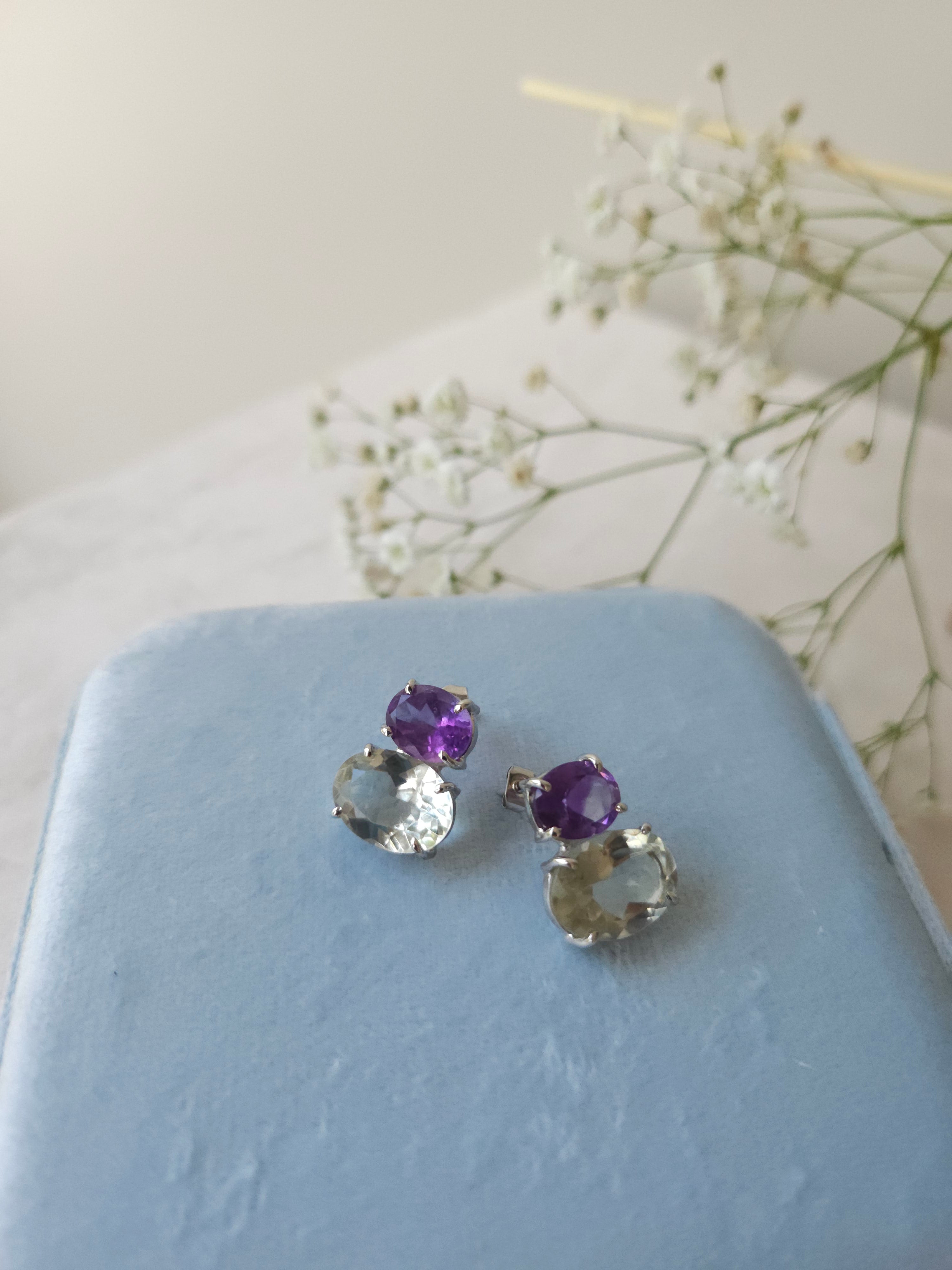 Aretes Nara con Amatista y Prasiolita con cubierta en Rodio