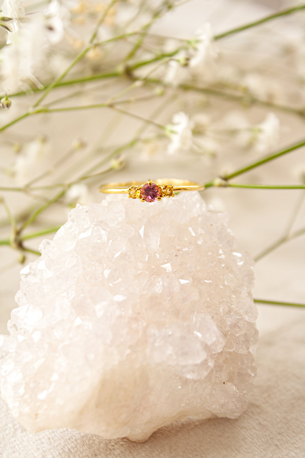 Anillo Diana con Rodolita y citrinos con cubierta en Oro