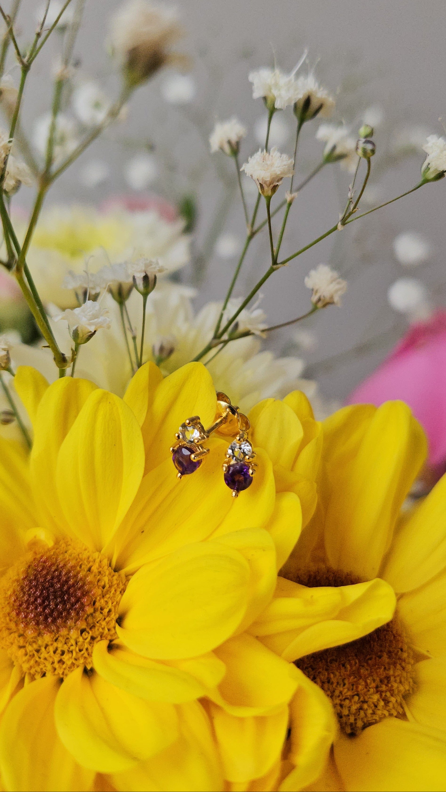 Aretes Dua con Amatista y Cuarzo blanco con cubierta en Oro de 14 K
