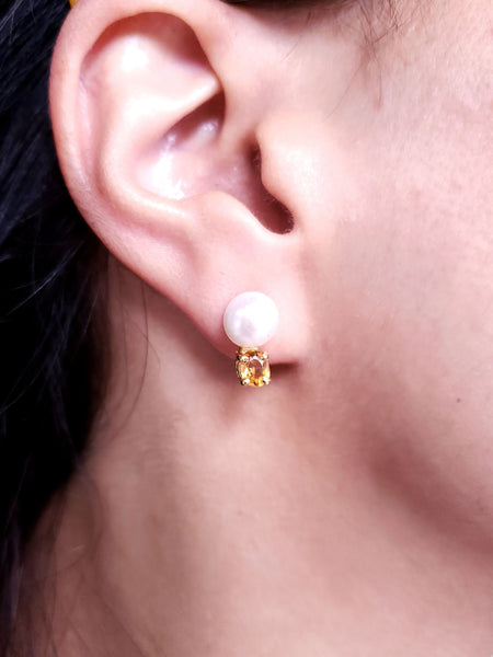 Aretes mini con cuarzos citrinos y perla cultivada